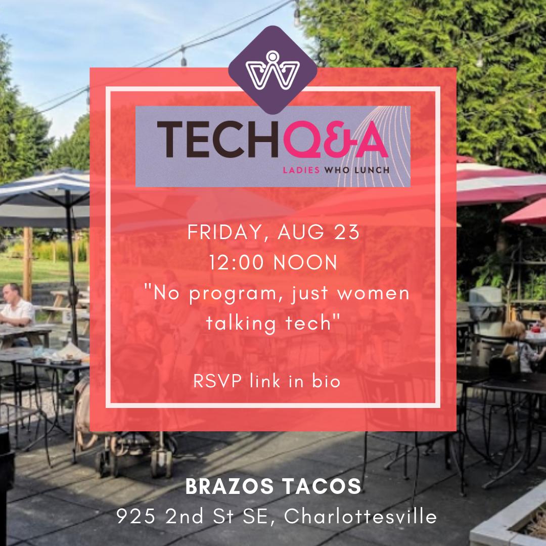 CvilleTechWomen's tweet photo. Save the date! Techq&amp;la is back on August 23rd at 12PM.

This month, we’ll meet at Brazos Tacos! 🌮

This is a casual monthly lunch gathering to talk tech and network. RSVP → https://t.co/dmaMp2QhYp
#cvillewomenintech https://t.co/fEV3OjKyZd