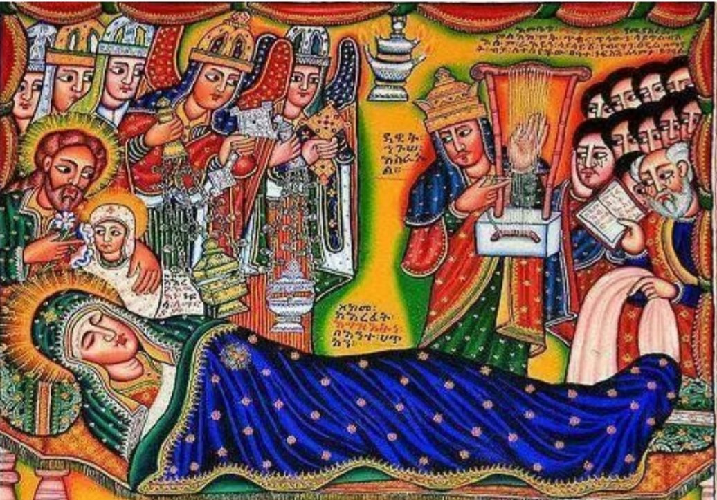 DerilloEyob's tweet photo. The apostles witnessing the Dormition of Mary. Mary is depicted deposed, Christ is shown carrying a child which is Mary's soul. Christ is accompanied by angels & King David with his harp Pilgrimages are made to monasteries of Mary from 7 to 21 Aug #Filseta #ፍልሰታ #ethiopia https://t.co/ZmXiasuIKG