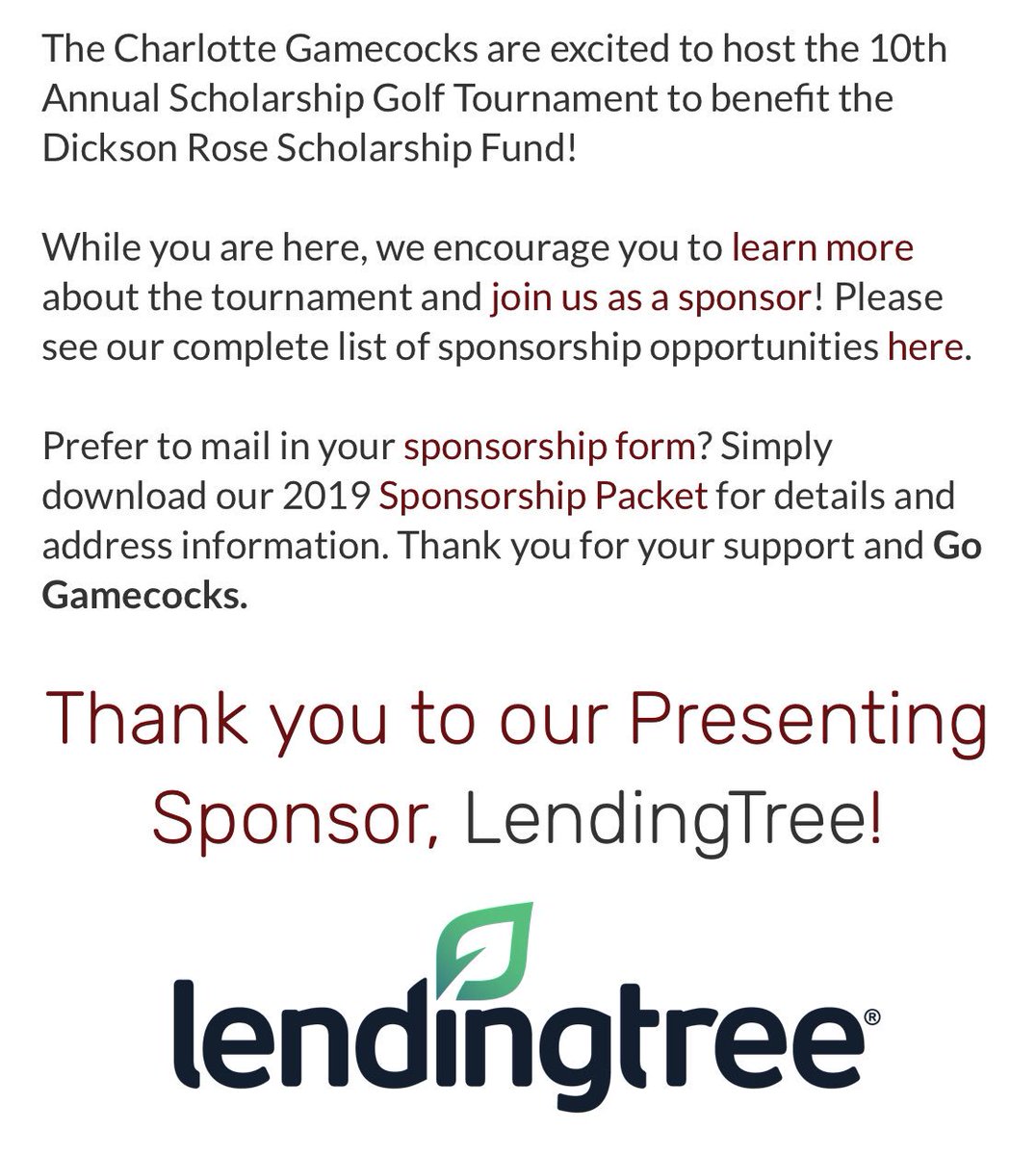 Monday, October 14th (Columbus Day) – 10th Annual Dickson Rose Scholarship Golf Tournament <a href="/PineLakeCCNC/">Pine Lake CC</a> sponsored <a href="/LendingTree/">LendingTree</a> (thanks Neil Salvage)! We need players, sponsors, volunteers and prize donations for this event. charlottegamecocks.org #gamecocks