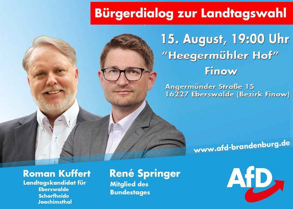 AfDLG_BRB's tweet photo. Heute Abend in Eberswalde! Sehen wir uns?! Kommen Sie mit René #Springer und Roman #Kuffert ins Gespräch! https://t.co/ju0Tkmsnhl