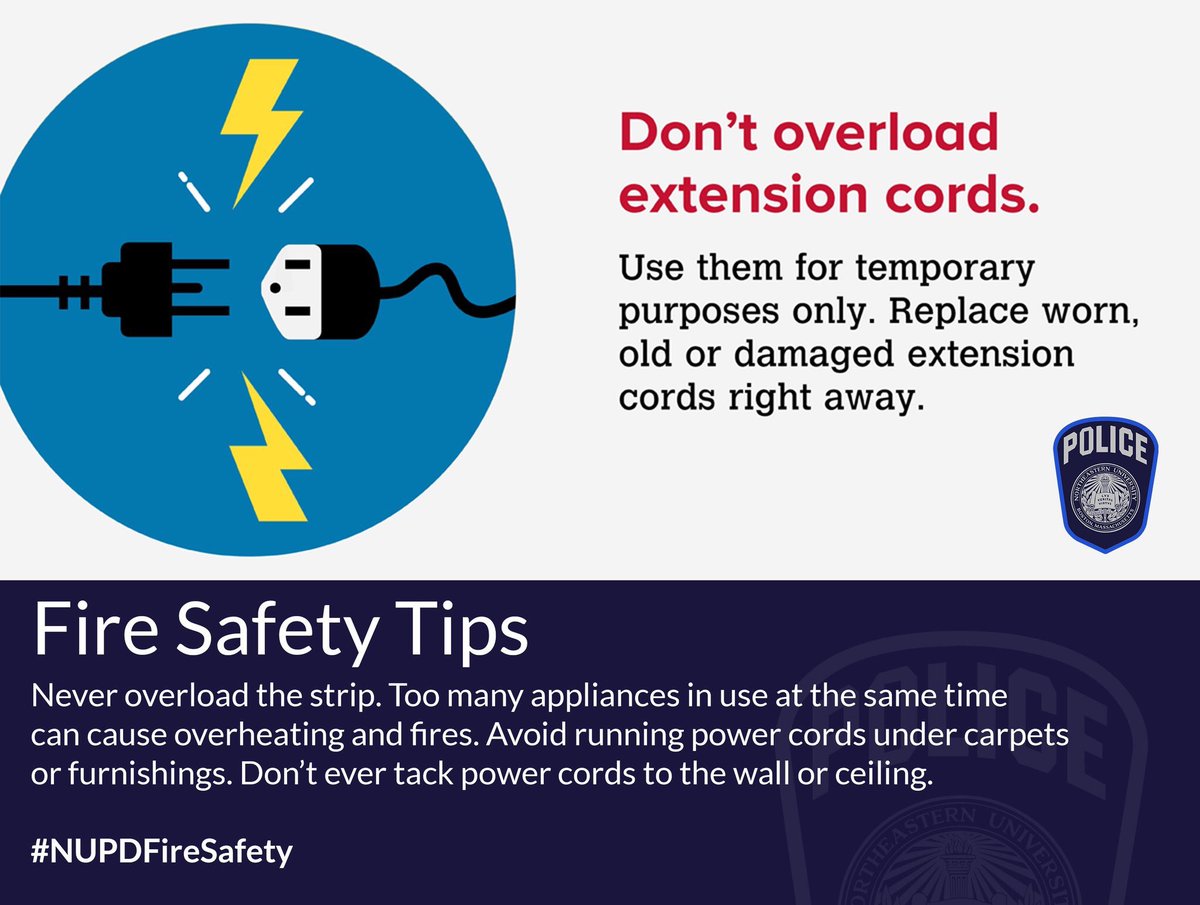 northeasternpd's tweet photo. We are getting closer to move in day, here is some safety tips when using power cords and extension cords in your rooms. #NUPDFireSafety #SafetyFirst #bereponsible https://t.co/34v1DYQHvM