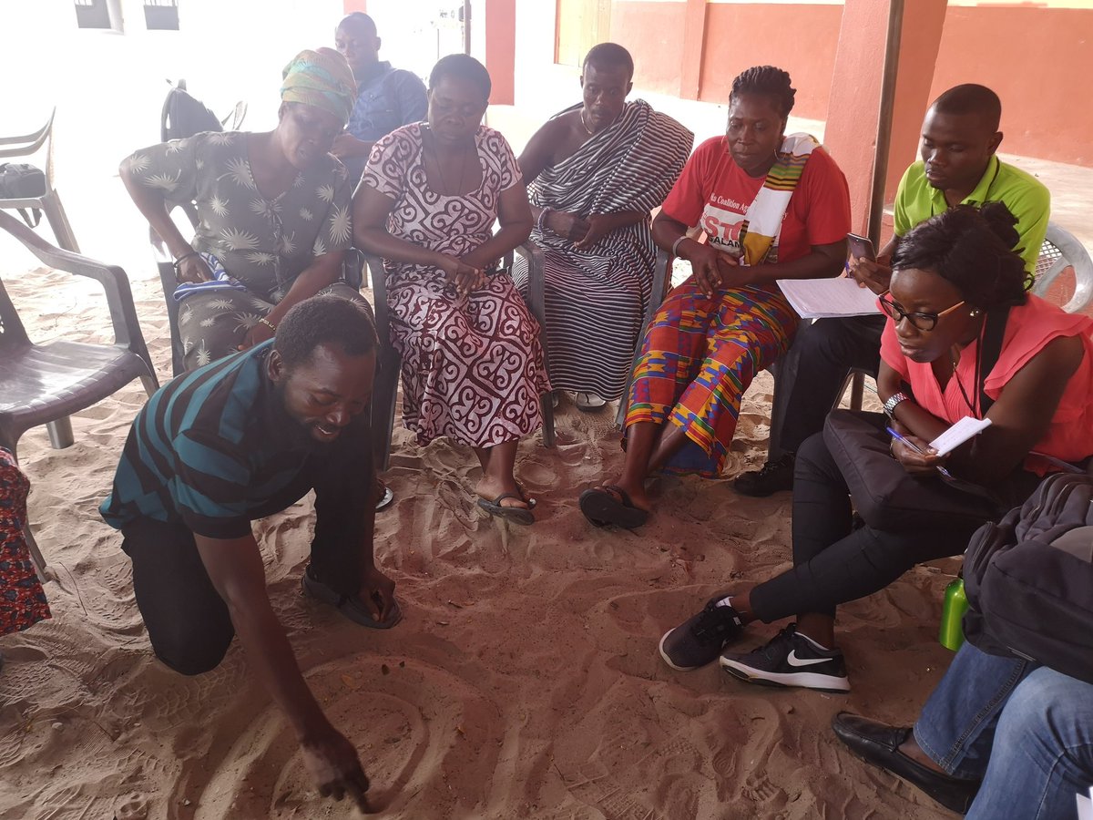 RuthHallPLAAS's tweet photo. Our field trip to Dogbekope village, Keta Lagoon, where govt has given land &amp; salt mining to a foreign company. Our students on #NELGAGhana2019 course on #landgovernance conducted focus groups on natural resource uses, livelihoods, gender relations and value chains. #landgrabbing https://t.co/RbA2AgCReF