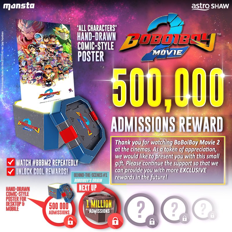 BoBoiBoy's tweet photo. Tonton #BoBoiBoyMovie2 lagi &amp; lagi sebab korang boleh UNLOCK ganjaran eksklusif dari #Monsta‼ 👉 https://t.co/iO04uViemo 
-
It's worth-it to watch #BBBM2 repeatedly because you'll UNLOCK exclusive rewards by Monsta‼✨ 

🌟NEXT REWARD🌟: Behind-the-scenes #1 - #BoBoiBoy's Origin https://t.co/cTRVrww68B