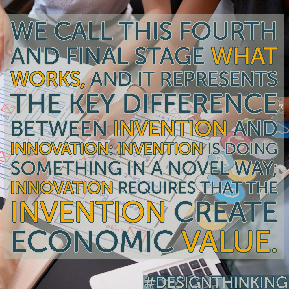 showmerob's tweet image. Last section of #DesignForGrowth -  What works, and it represents the key difference between invention and innovation: invention is doing something in a novel way; innovation requires that the invention create economic value. @eileenheller @jeanneliedtka #designthinking
