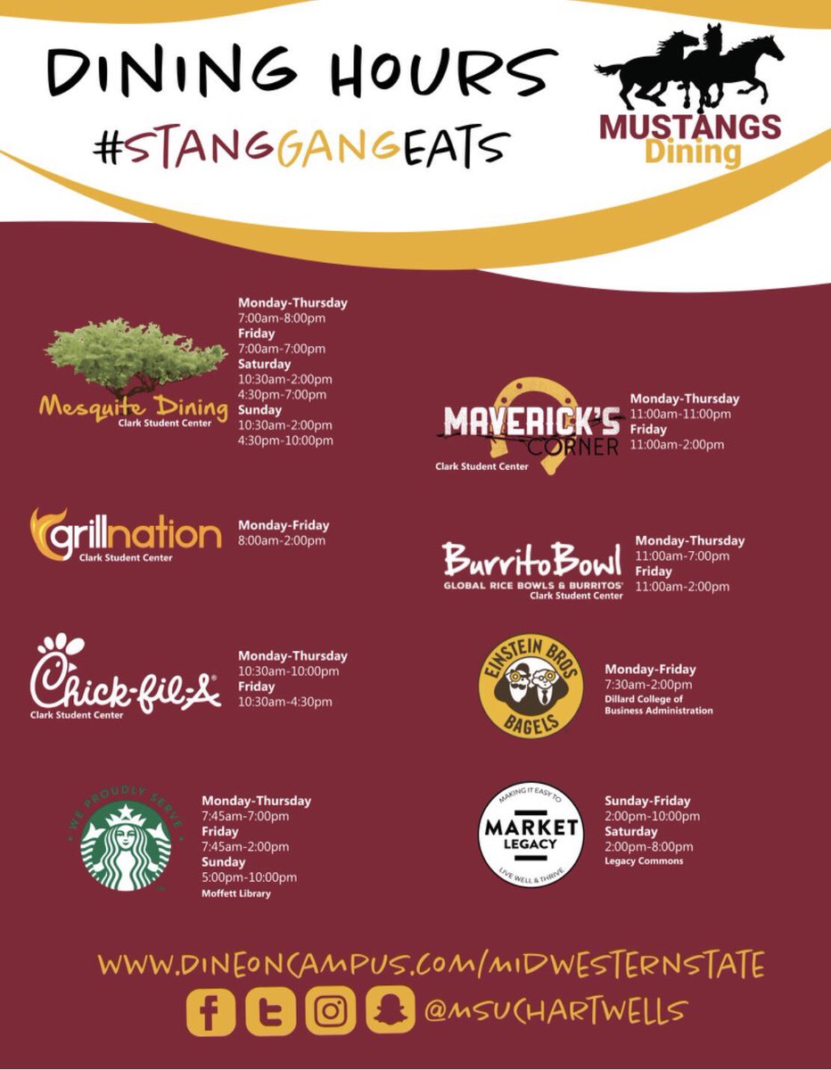 MustangsDining's tweet photo. The semester is round the corner and we are excited to serve our students! Here are our dining hours for this semester! Mesquite dining hall opens this Saturday 18th August! All retail will be open on Aug 26th! π₯ π π #StangGang #MSUDining https://t.co/SnkuPY9POR