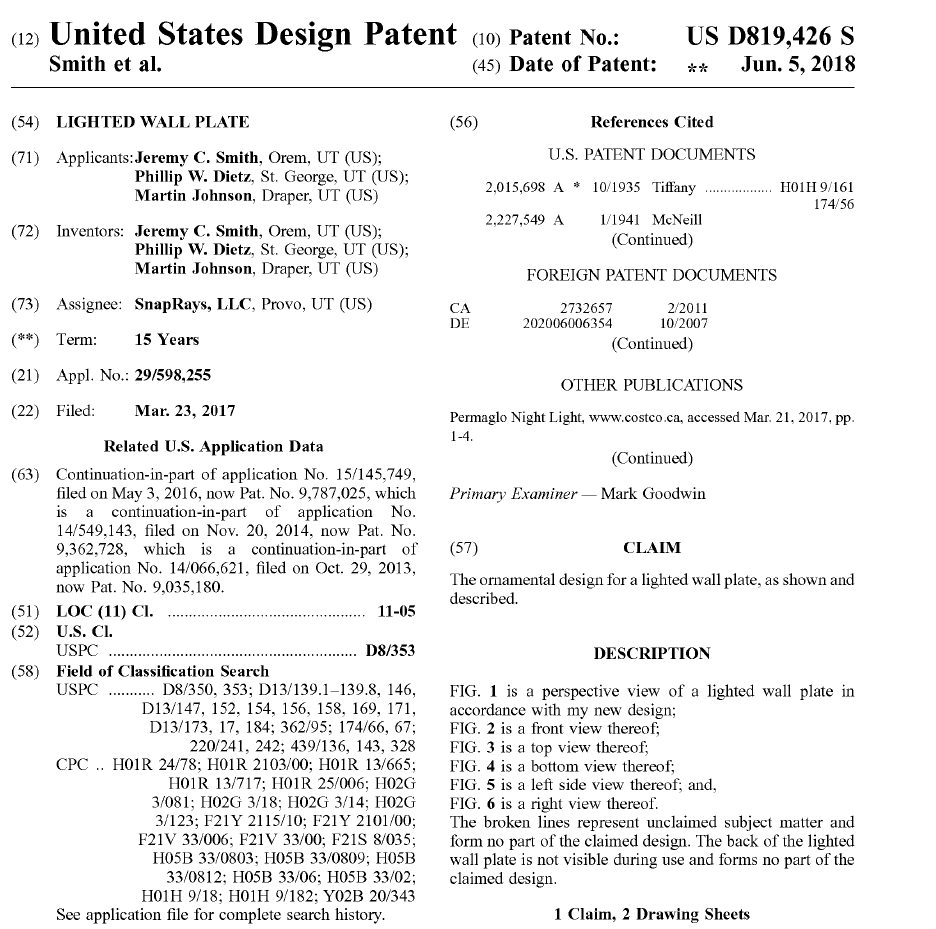 2WitDesign's tweet photo. ITC ruling in favor of @Snap_Power finding infringement of #designpatent. Other Respondents settled previously, including Alltrade Tools - https://t.co/kN8qKE6yNy - in which the accused product was the PowerGlow wall outlet plate. Complaint/Ruling at https://t.co/gsEl3MCAW9 https://t.co/Ef947zMaDs