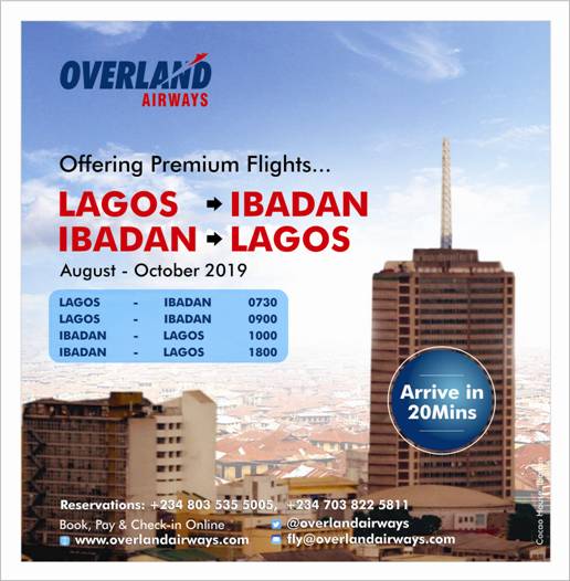 TravelerguideNG's tweet photo. @OverlandAirways has commenced daily #flights between Lagos and Ibadan.

Daily Flights from Lagos by 07:30am and 9:00am while flights from Ibadan to Lagos depart 10:00am and 18:00pm.
#localflight #naijaflight #MMA #travellersguide https://t.co/sWC34Rn8Wd