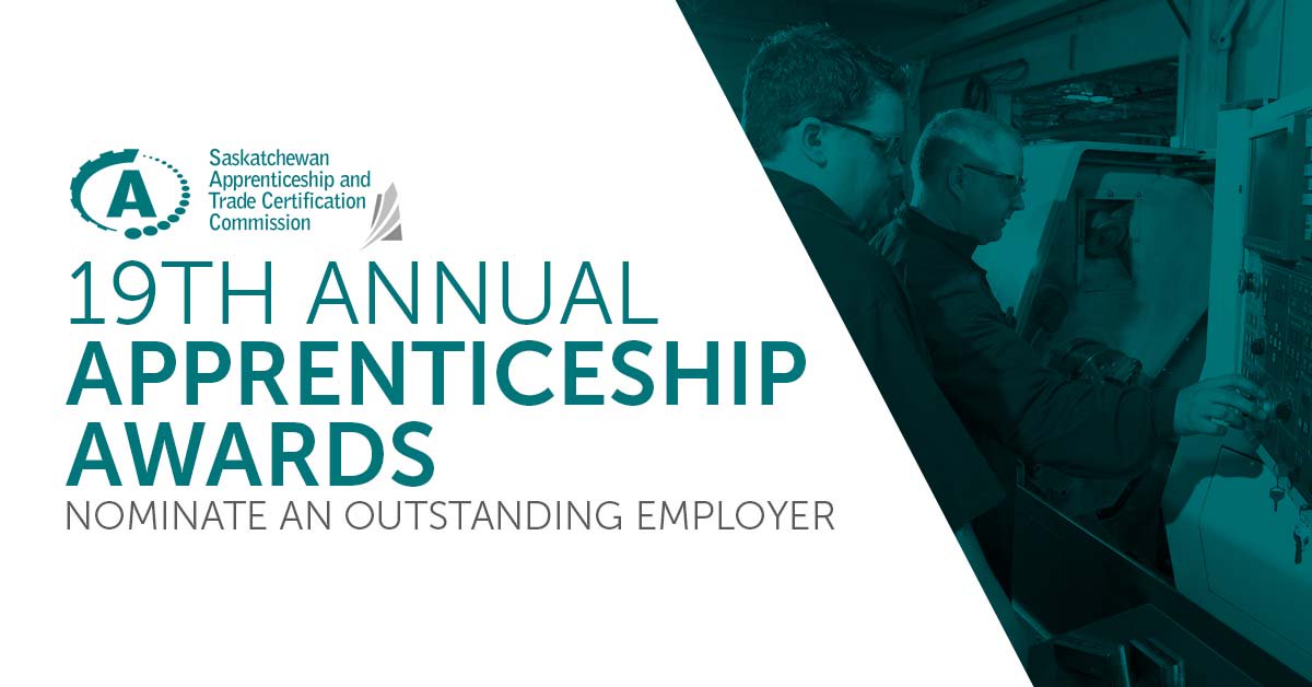 SKApprentice's tweet photo. Is your employer a strong supporter of apprenticeship training? Do they provide an excellent training environment? 
Nominate them today for an Outstanding Employer Award.

For more information visit https://t.co/F7xYN52baT 
#SkilledTrades #SKApprentice https://t.co/1fwWFLBv0M