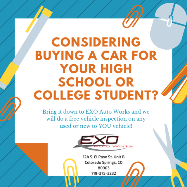 ExoWorks's tweet photo. Are you looking into getting your high school or college student a new or used car? Stop on by EXO Auto Works and we will do a free vehicle inspection on any new or used vehicle! All makes and models welcome!

 #exoautoworks #mechanic #automotiverepair #autorepair #autoservice https://t.co/9rhiU8BeuH