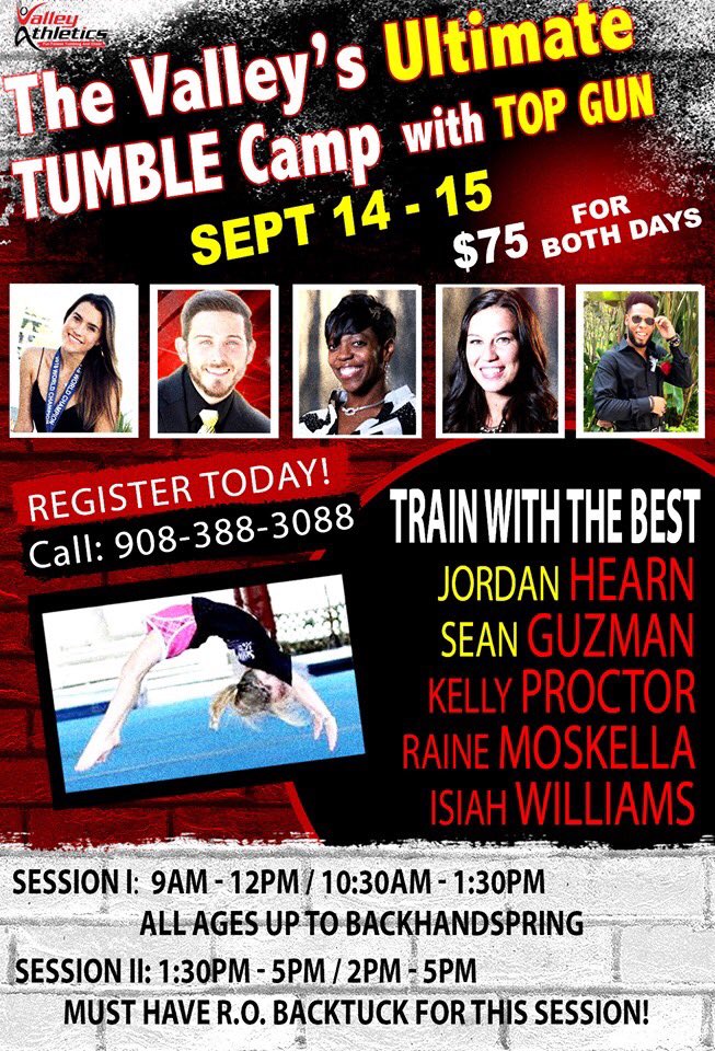 EXCITING NEWS: Valley Athletics will be holding a Tumble Camp with <a href="/TopGunJags407/">Top Gun All-Stars</a> and VALLEY ELITE ALL STARS instructors in September. This is a two-day clinic. All ages and skill levels! Call 908-388-3088 to register!