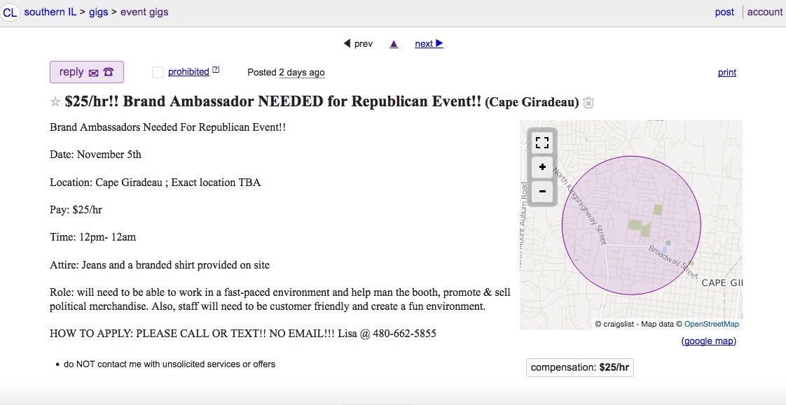 jzikah's tweet photo. @GOP @realDonaldTrump Rummage around nearby districts on Craigslist and you will find job postings as "Brand Ambassadors". $25 per hour was offered when I last checked. "Minorities encouraged to apply!" #EvilGOP #PlaidGuy #GreenShirtGuy https://t.co/H61klqgEX5