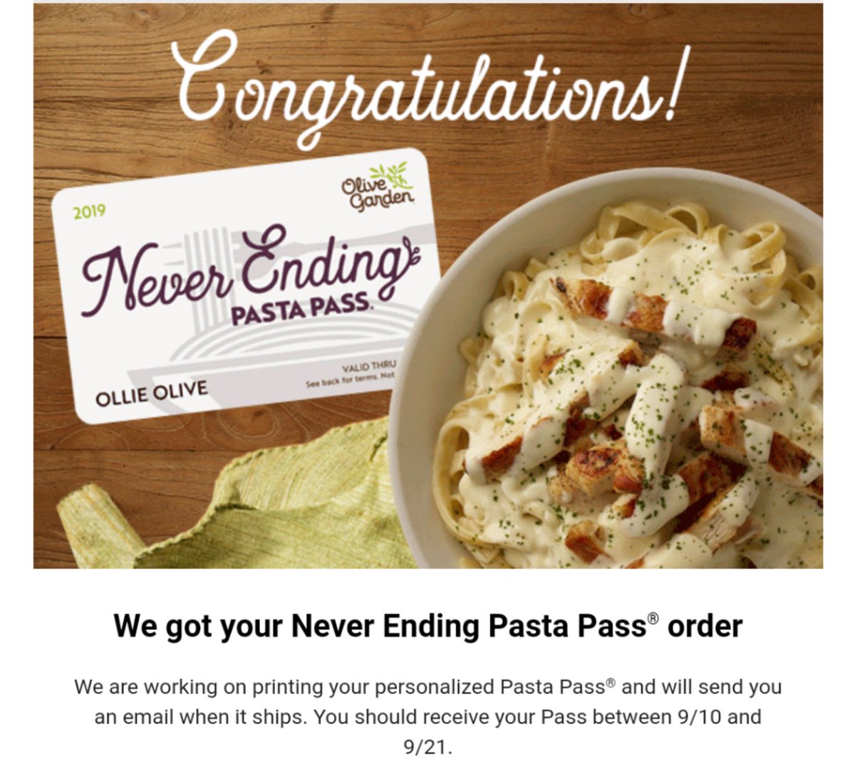 PastaPrincess14's tweet photo. The Pasta Princess is back! Thank you, @olivegarden!! #PastaPass https://t.co/psFrbcrRhy