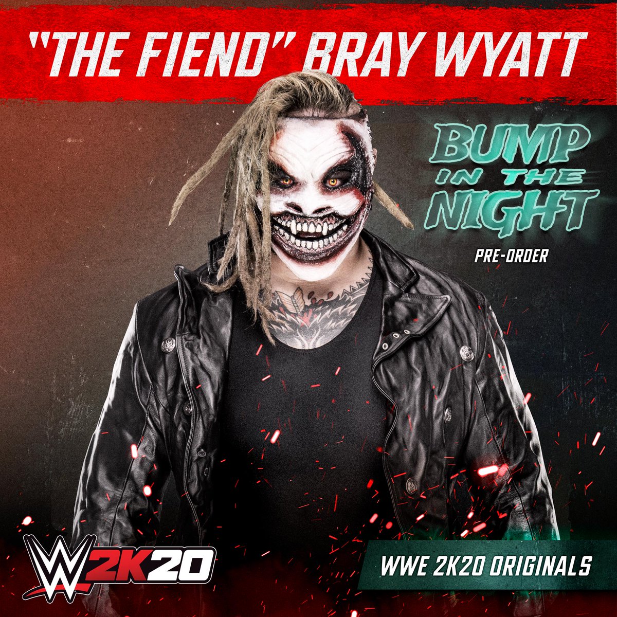 WWEgames's tweet photo. "The Fiend" @WWEBrayWyatt headlines the #WWE2K20 pre-order bonus --> WWE 2K20 Originals: Bump in the Night. The pack includes new horror-themed @WWE Superstars, arenas, moves, weapons, story-based 2K Towers, and a 2K Showcase! Get the details right here: https://t.co/6PF028uSDx https://t.co/nBo0C5yOYB
