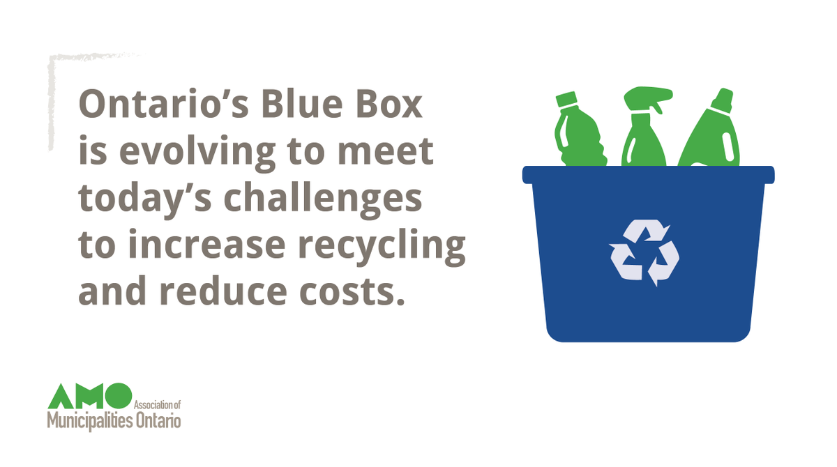 AMOPolicy's tweet photo. AMO applauds @ONenvironment for moving the Blue Box to full producer responsibility – action that is long overdue and much needed. @JeffYurekMPP @SteveClarkPC, @Andrea_Khanjin #onpoli 
https://t.co/1s3D3jgzC8 https://t.co/occBkltPbY