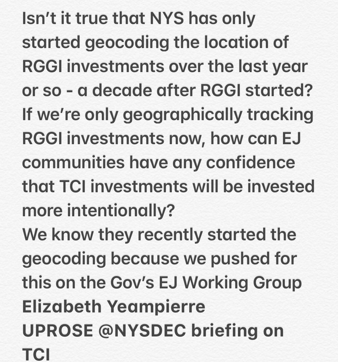 yeampierre's tweet photo. @NYSDEC not answering  EJ ques - where are the investments  for EJ communities.  This process is moving fast at expense of our communities -since you’ve been mtg for 10 yrs on #TCI &amp; are only now presenting to EJ communities- you must #slowthisprocessdown if equity matters https://t.co/KxdNK3ZjiH