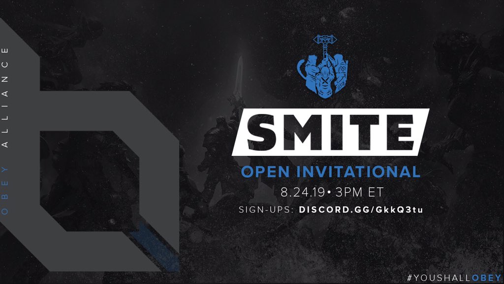 ObeyAlliance's tweet photo. Save the date for the Obey @SMITEGame Community Tournament! Compete with your team on the Battleground of the Gods for a chance at 15K+ gems and a coaching session with @Weak3n!

Sign-Up TODAY 👉 https://t.co/AfwQ1yDZlu https://t.co/MUZcHQgSMF