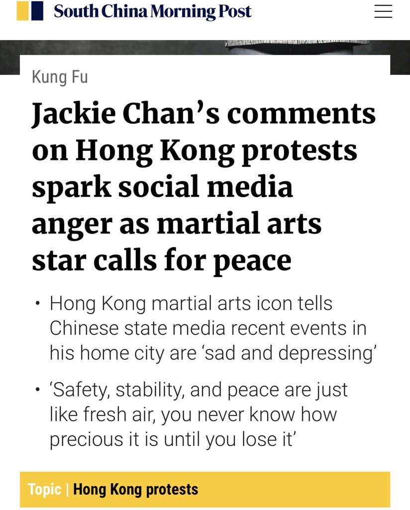LiuXininBeijing's tweet photo. What’s wrong with people calling for peace? Is there anything bad with what Jacky Chan has said here? When common sense is treated as controversial, I wonder exactly what has gone wrong.  BTW this piece was written by a sports editor.  #SaveHK https://t.co/Y9gOuVOgBM