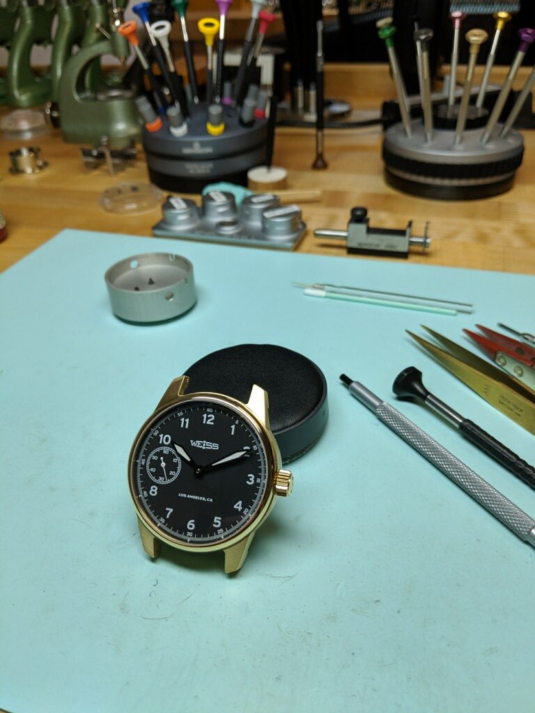 <a href="/cameronmweiss/">Cameron Weiss</a> performing final assembly of the Executive Issue Field Watch, which is precisely crafted with a solid gold case, buckle, crown, and screws from 18k gold primarily mined in the state of California. #weisswatchco #watches #art #menswear #handcrafted #californimade