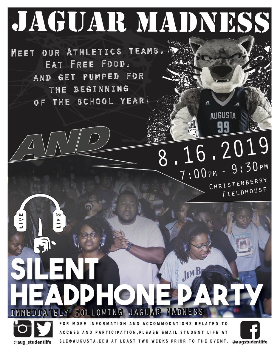 AugustaJags's tweet photo. THIS FRIDAY! @AugustaJags hosts #JaguarMadness in #ChristenberryFieldhouse to promote our 13 NCAA sports! FREE FOOD, ENTERTAINMENT, GAMES, PRIZES, &amp; MORE! https://t.co/v2I30pIiKF https://t.co/Z5vJRJml4s