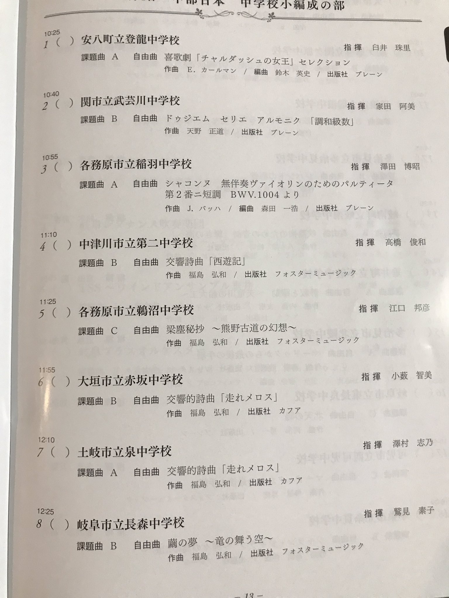 羽島北高校吹奏楽部野球部応援協議会 非公式 吹奏楽 コンクール 8月4日に開催されました中部日本吹奏楽コンクール中学校 小編成の部と 同日に開催されました岐阜県吹奏楽コンクール職場 一般の部のプログラムです T Co Ebkdxrq9ho Twitter