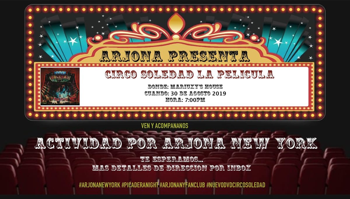 Veamos #CircoSoledadLaPelicula juntos!!
Arjona New York's Watching Party. 30 de Agosto 7pm
Más información por inbox
#SomosArjonaNY