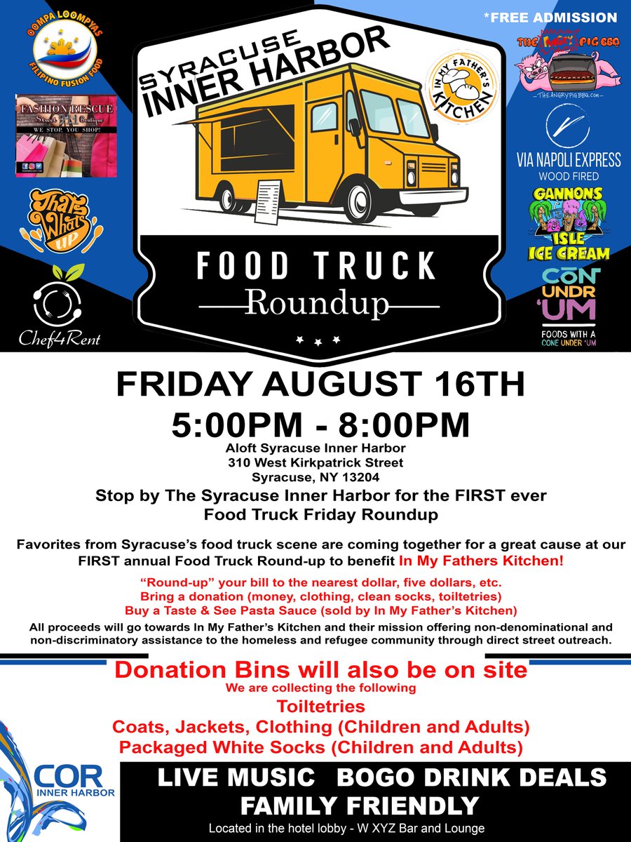 CORCompanies's tweet photo. ❗️❗️SHARE SHARE SHARE❗️❗️FRIDAY❗️❗️
Favorites from Syracuse’s food truck scene are coming together for a great cause at our THIRD Food Truck Round-up to benefit In My Father's Kitchen!
LIVE MUSIC - BOGO DRINK DEALS - FOOD TRUCKS - LOCAL BREWERIES AND WINERIES https://t.co/JqaudmpxXl