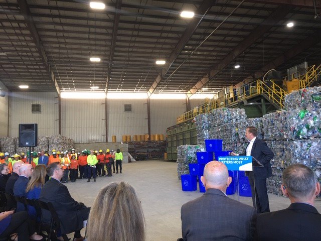 OWMA1's tweet photo. OWMA staff were @CanadaFibers this morning for the announcement by the Honourable Jeff Yurek, Minister of the Environment, Conservation and Parks, re: Ontario's Blue Box Program will be transitioned to a full producer responsibility model. #bluebox #Onpoli #recycling #owma https://t.co/70zZNFHfej