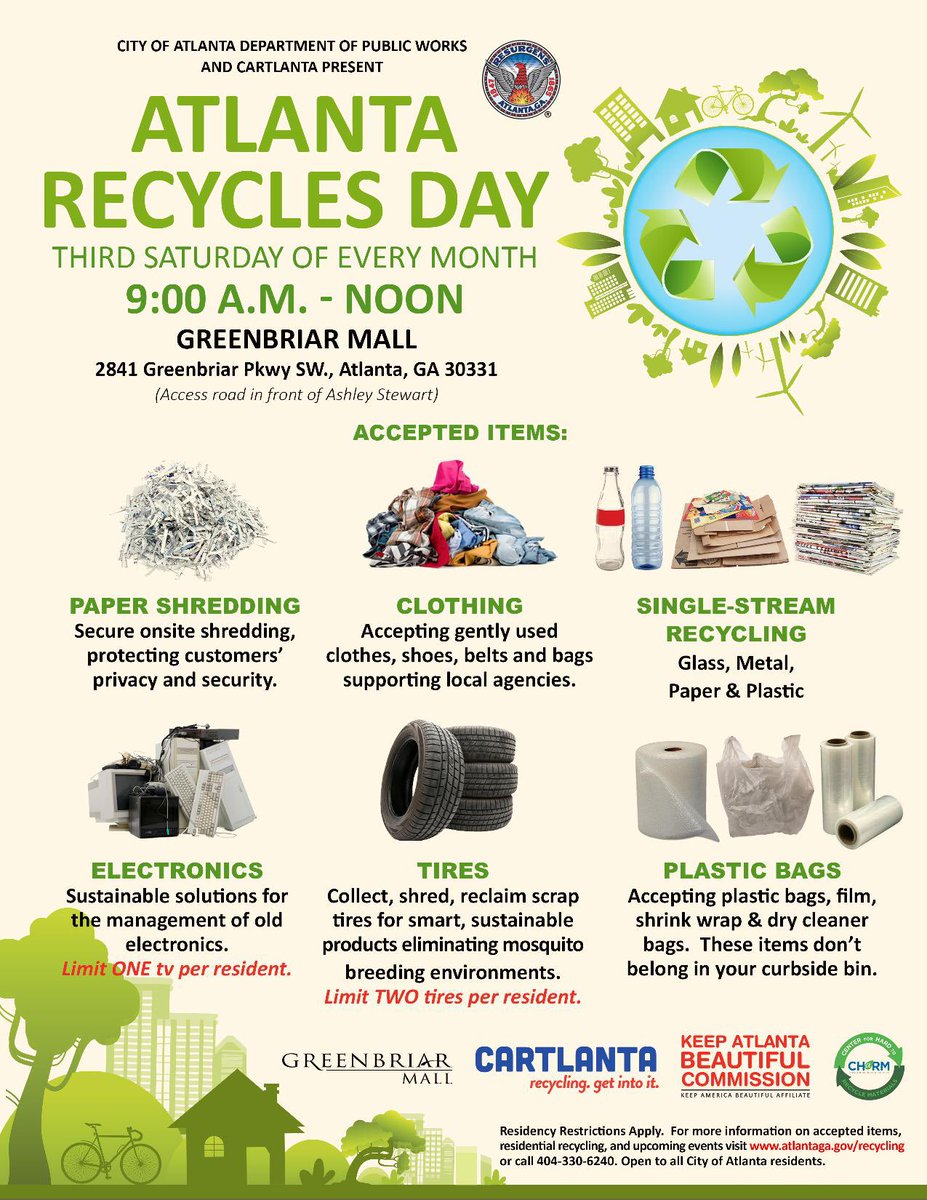 Hey Atlanta! Join us this Saturday <a href="/GreenbriarMall/">Greenbriar Mall</a> for Atlanta Recycles Day. <a href="/ATLPublicWorks/">ATLPublicWorks</a> <a href="/CityofAtlanta/">City of Atlanta, GA</a> #recycle #keepatlantabeautifulcommission