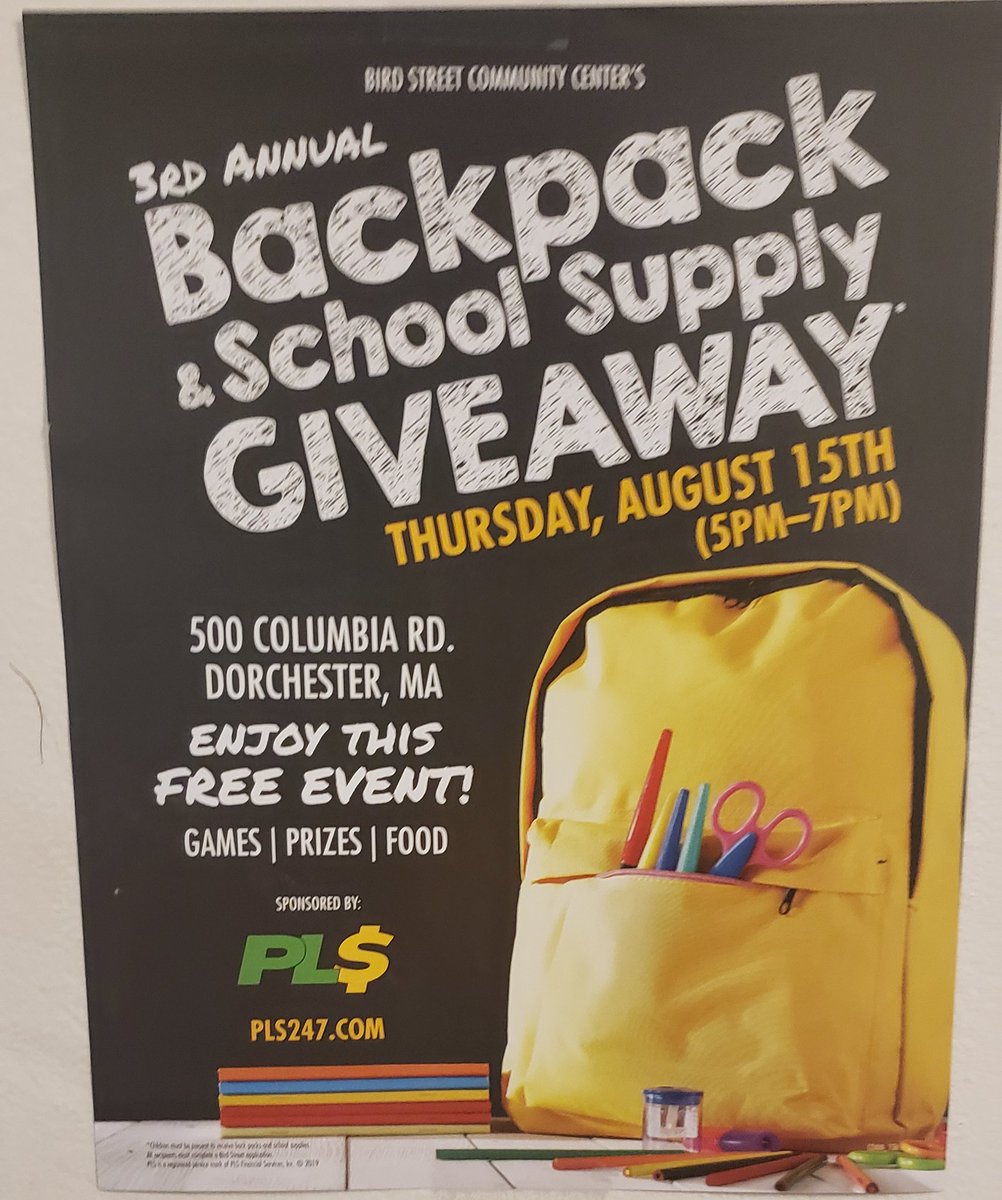 BirdStreetCC's tweet photo. We will be having our 3rd annual back to school Backpack drive today from 5pm-7pm, please come out, grab a bag and some school supplies for your kids! #backtoschool https://t.co/PG2cKhjt84