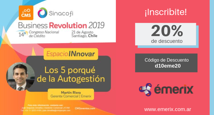 emerix_ok's tweet photo. ¿Nos vemos en #Chile? Venite al 14° Congreso Nacional de Crédito, organizado por @CMSPeople 
¡Aprovecha el 20% de descuento e inscribite! ► https://t.co/FBV6pso2WE
#SomosEmerix #temporadadecongresos #Emerix #BusinessRevolution2019 #Cobranzas #Recupero #Autogestión https://t.co/vLzIYilppj