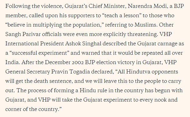 According to Paul Marshall in Hudson Institute of Research, CM Modi during Gujarat Massacre asked RSS Sanghis to teach Muslims a lesson.He was furious due to increasing population of Muslims as Mehdi quoted another BJP leader saying so. It is their ideology. #IndianHitlerModi