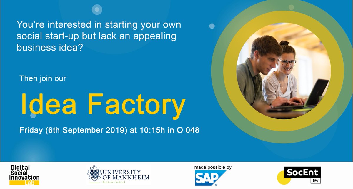 dsilab_de's tweet photo. 🚀After our successful pilot we are kicking off the #DSILab fall course! This semester we have a special for all students of Uni Mannheim: The Idea Factory! Get inspired by @SAP-experts to create your own social business!
Register https://t.co/sRw6UbXhsH
@sap4good #sap4good https://t.co/i8KCUORLmc