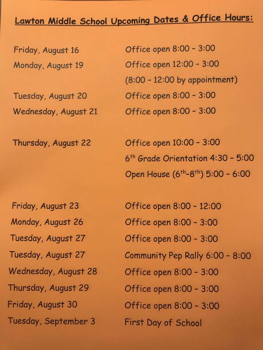 LawtonLMS's tweet photo. Due to some training sessions, the summer office hours have been slightly adjusted. Also, mark your calendar for Open House! https://t.co/zifviOJT1T