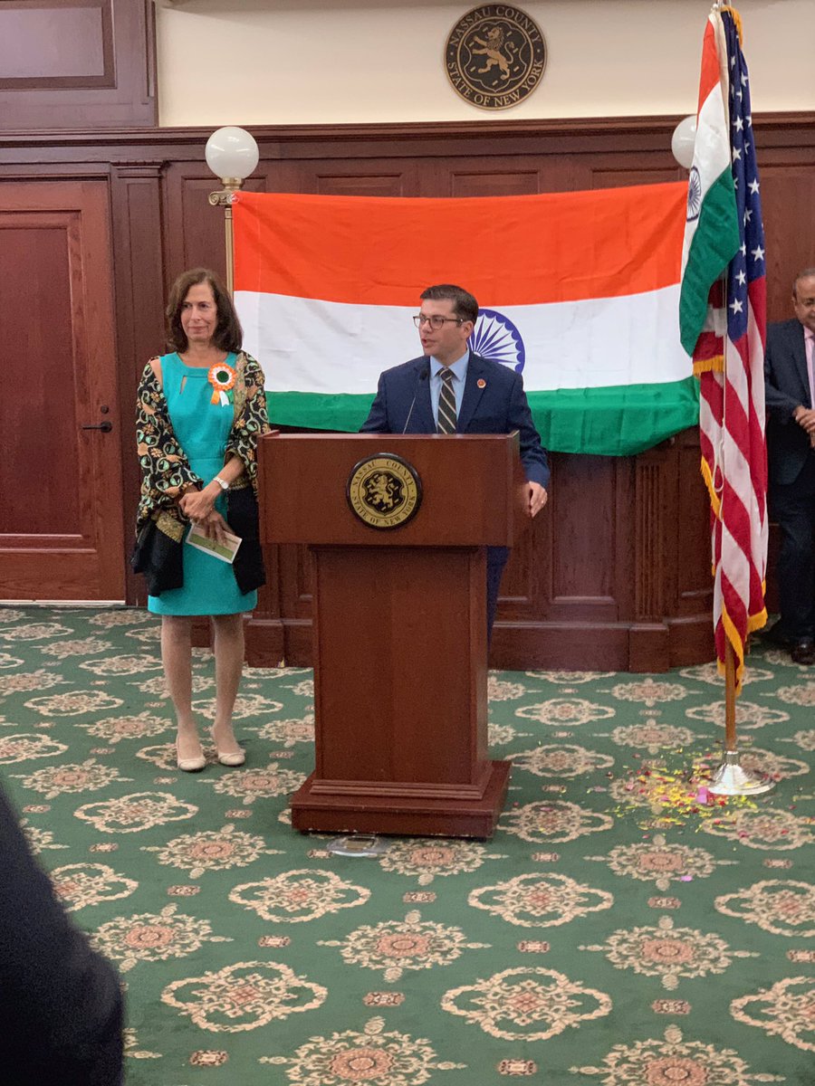 NCComptroller's tweet photo. This morning I had the honor to speak at the India Independence Day Flag Raising Ceremony with Legislator @EllenBirnbaum, Legislator Debra Mulรฉ, @JudiBosworth and @waynewink127. What a spectacular event filled with music and pride ๐ฎ๐ณ๐บ๐ธ #indiaindependenceday #demographicreport https://t.co/HF09xRGYiz