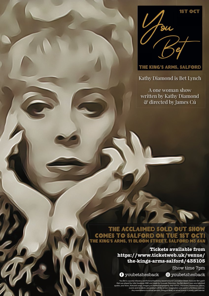 kathydiamond's tweet photo. Ey up cocker! My one woman show about Bet Lynch hits Manchester @kingssalford on 1/10. 
10 monologues, 10 songs &amp; just little old me!  @itvcorrie @manchestrevents @MENnewsdesk @RadioManchester If you want a great laugh &amp; a few tears come and see the show.#youbetshesback #betlynch https://t.co/vgn7ld9GBz