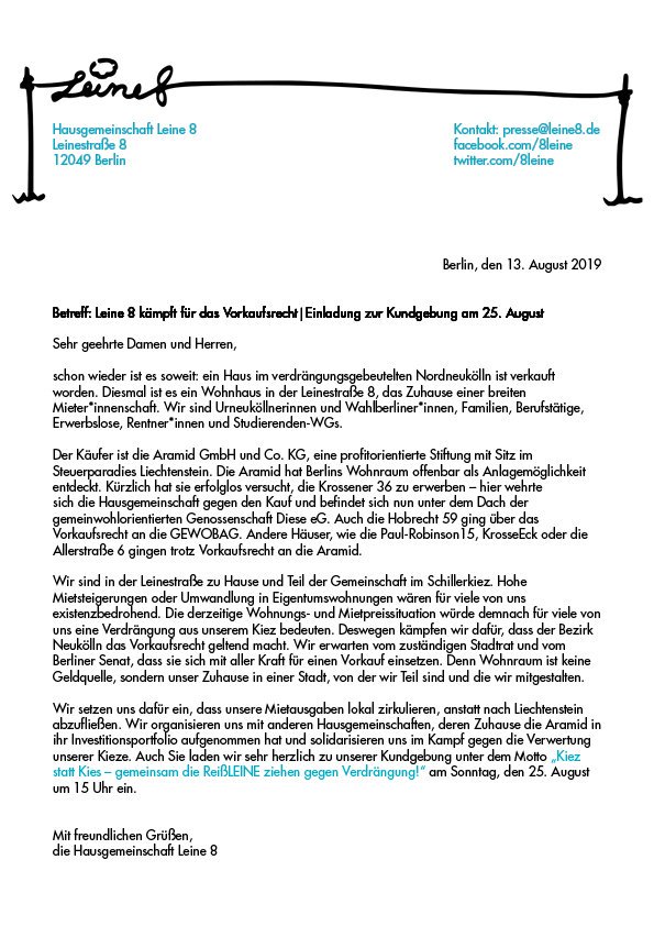 Aufgepasst, hier kommt sie, unsere Pressemitteilung! Gerne lesen, teilen und am 25. August um 15 Uhr zu unserer Kundgebung kommen!🙌

#Leine8bleibt #mietenwahnsinn #wirbleibenalle #KiezstattKies