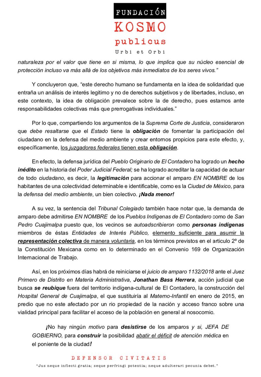 KOSMOpubORG's tweet photo. El Contadero #PuebloIndigena va por la defensa colectiva del medio ambiente en #CDMX

Demanda amparo vs #HospitalCuajimalpa debe ser admitida EN NOMBRE de los habitantes de la CDMX para defensa del medio ambiente y la protección a la salud: @CJF_Mx 

@CINUmexico @UNSR_VickyTauli https://t.co/nDJ578NcR5