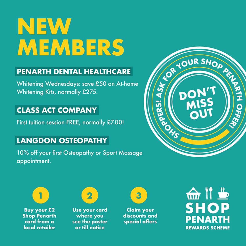 We are delighted to welcome three new local businesses into the Shop Penarth reward scheme. Class Act, Langdon Osteopathy and Penarth Dental Healthcare #shoppenarth #newmembers #classact #langdonosteopathy #penarthdentalhealthcare #offers #shoplocalpenarth