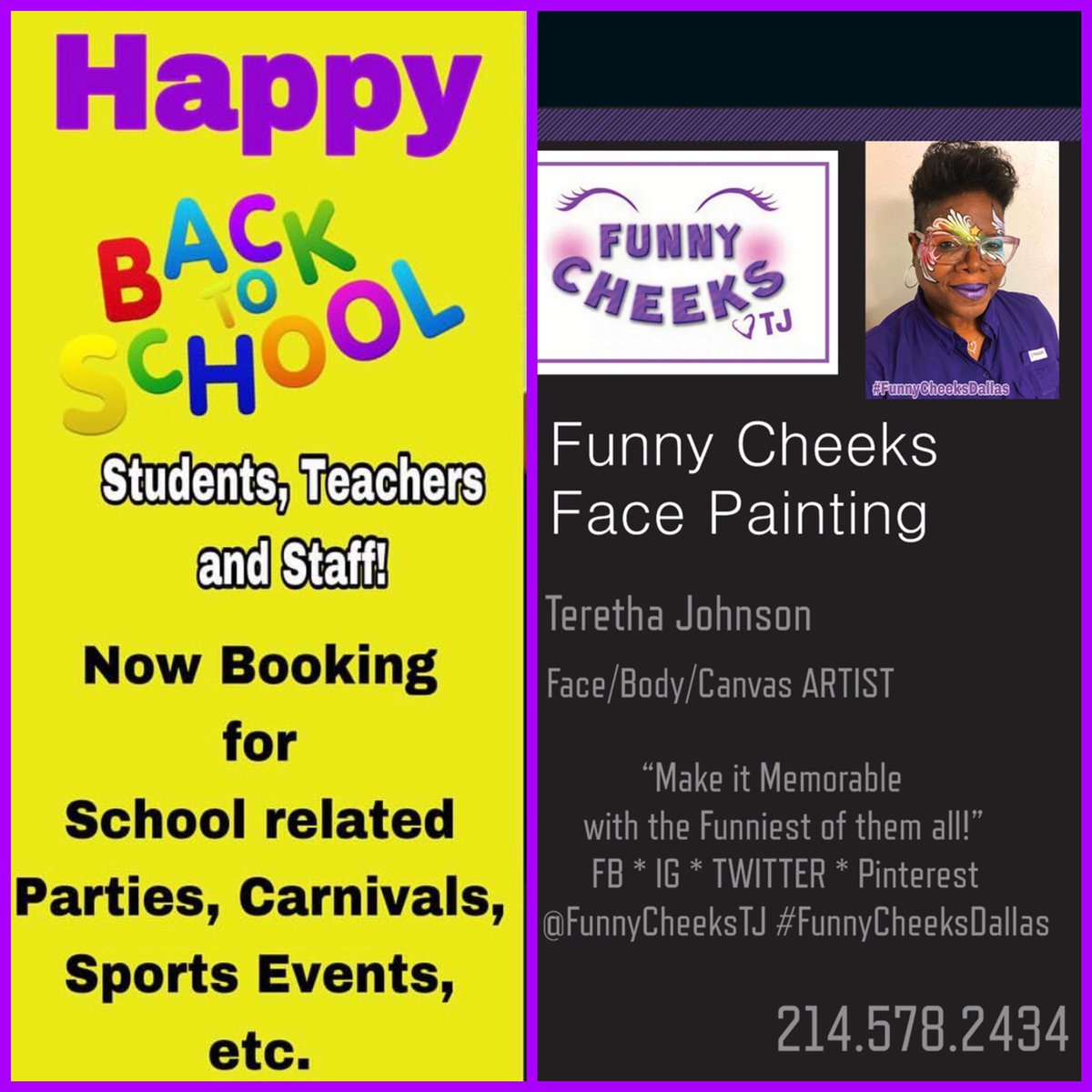 FunnyCheeksTJ's tweet photo. #NowBooking for School #FallEvents ππβοΈπ
#Happy1stDayofSchool #PTA #2019schoolyear #backtoschool2019 #BacktoSchool #FallCarnival
#FunnyCheeksDallas #DallasFacePainter #dallastx #dfwfacepainter #ilovefacepainting #dfw #facepainting #facepainter #Dallas #DallasMoms #DallasDads https://t.co/j9uc2o6ffa