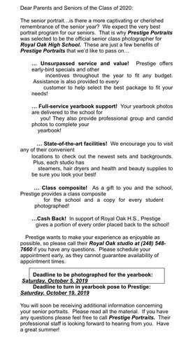 Attention Seniors, senior portraits are due Oct 5.