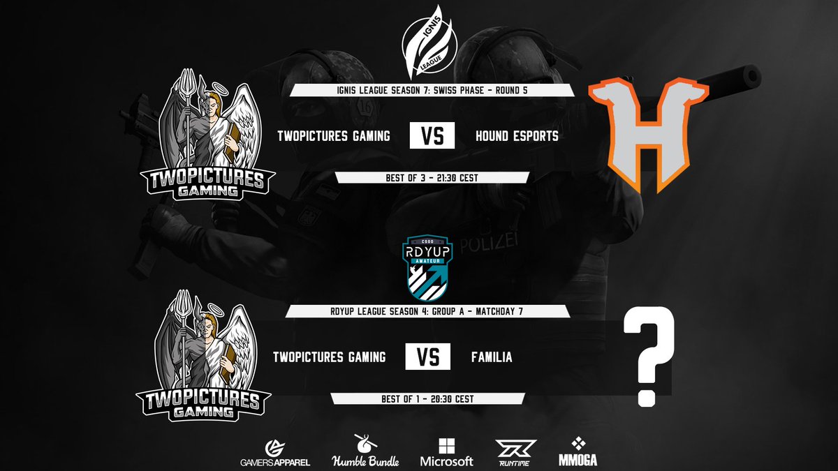 TwoPicturesEU's tweet photo. [#CSGO]

Join us tonight and support our boys in their games! 👍

RDYUP Leauge Season 4 - Match 7
🆚 #familia
⏰ 20:30 CEST
📺 https://t.co/PphhNbEfsR
🎙 @Ph3nomenalP1 

Ignis League Season 7 - Swiss Phase Round 5
🆚 #HoundEsports
⏰ 21:30 CEST
📺 https://t.co/PphhNbEfsR

#gotpg https://t.co/dwQ8IqeiQB