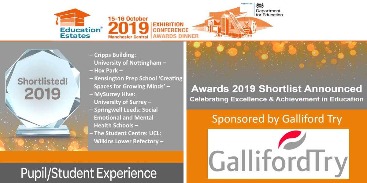 EduEstates's tweet photo. Shortlist announced for #EduEst19 Pupil/Student Experience Award recognising a learning establishment which has undertaken buildings/facilities investment which significantly improves students’ experience https://t.co/8Puq0SmVzE Sponsored by GallifordTry https://t.co/R86Ow3n36T https://t.co/M9vs4SkYK6