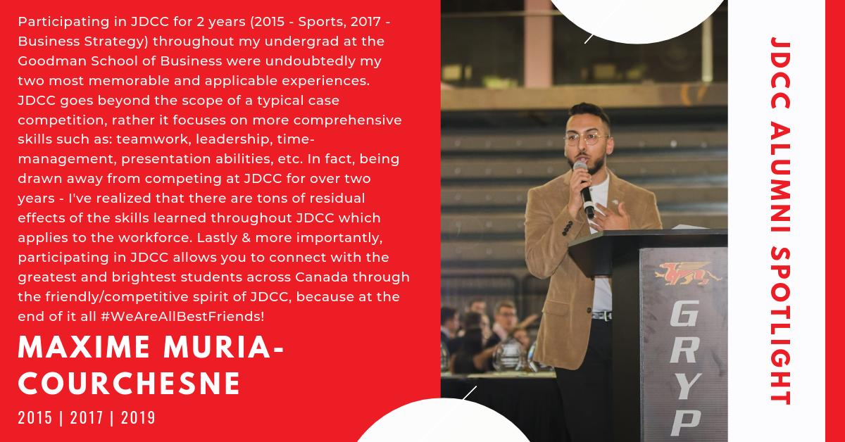He's a #JDCC veteran who's been on all sides of the competition. He's been a delegate, PT director and being a vital member of <a href="/GoodmanJDCC/">Goodman JDCCentral</a> 's first historic School of the Year title. Be sure to show some love for Maxime Muria-Courchesne in this week's #JDCCAlumniSpotlight!