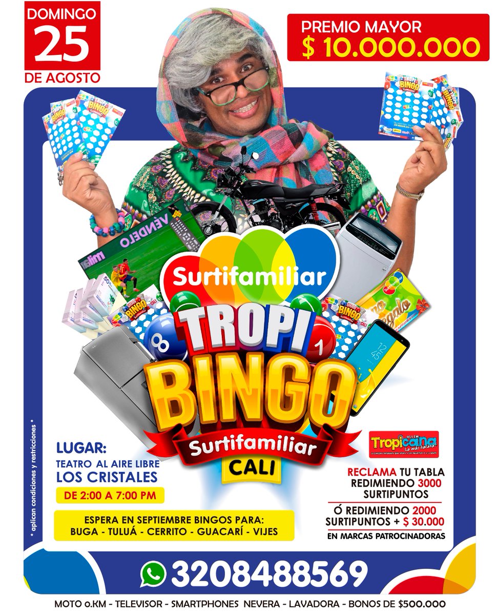 💥GRAN BINGO MILLONARIO SURTIFAMILIAR💥
Este 25 de agosto podrás disfrutar en el teatro al Aire Libre los Cristales Cali, a partir de las 2:00 una tarde llena de premios por montones. 🤩
Mayor información en nuestro SurtiWhastApp: 3208488569
*aplica condiciones y restricciones*