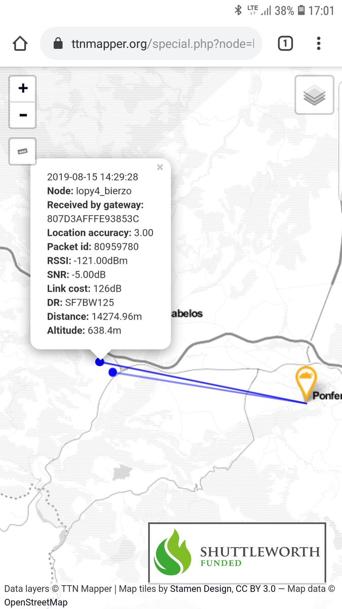 moifdz's tweet image. Sigue la diversión con @ttnmapper y #Lopy4 de @pycomIOT enviando datos a @thethingsntwrk desde el Bierzo. Toda la información en el @github de @MakersBierzo . 14 km 😲 el doble de lo conseguido hasta ahora. Doy por finalizadas las pruebas con un Gateway monocanal interior ↗️.
