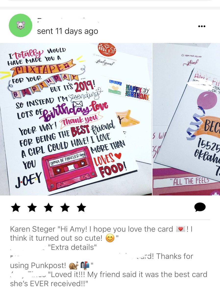 karensteger's tweet photo. So this is pretty damn cool. Love making these customers so happy!#sentwithpunkpost #punkpost #snailmail #handlettering https://t.co/32JsOfbWoK