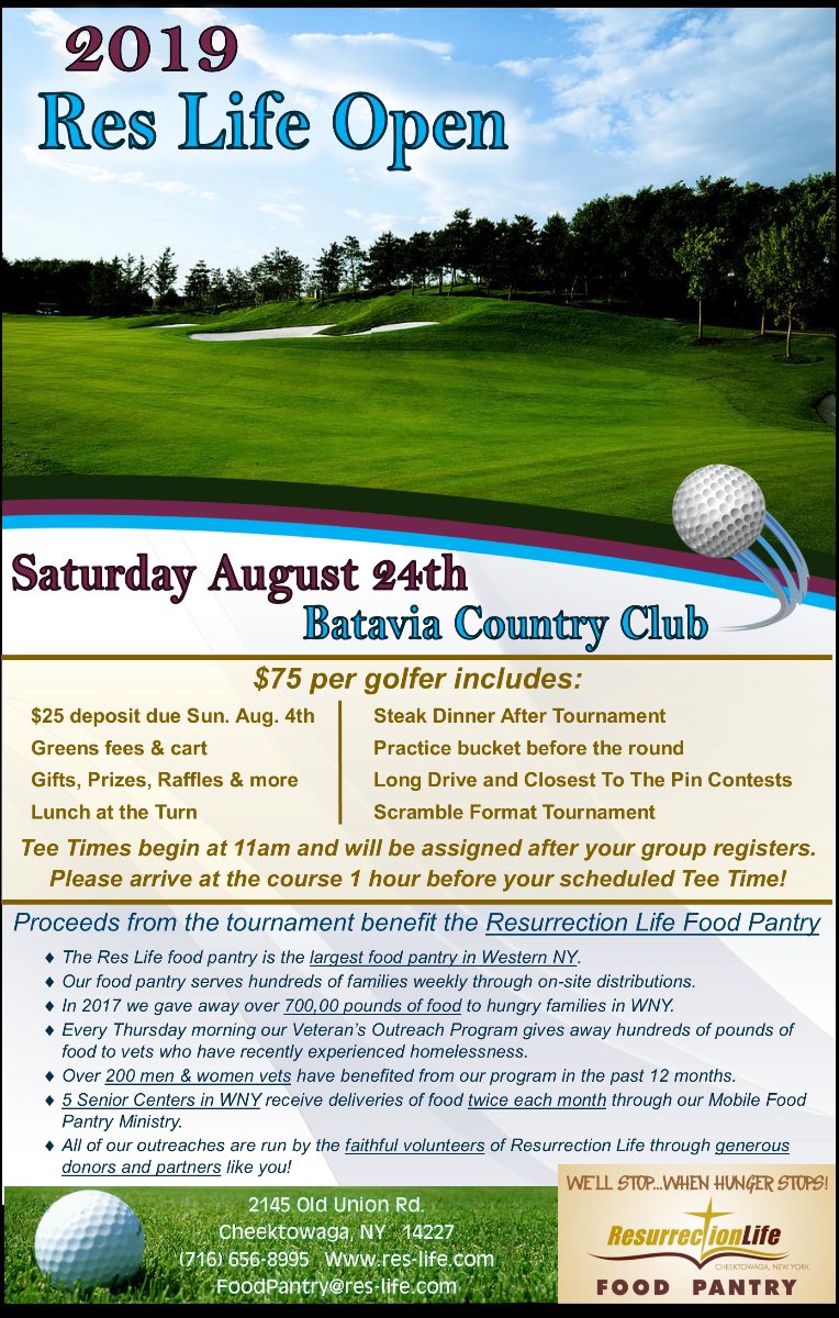 ResLifeBuffalo's tweet photo. Calling all golfers!  It's not too late to sign up for the 2019 Res Life open!  Stop by the Welcome Center this Sunday to register. Groups of all sizes from singles to foursomes are welcome! For more information contact Pastor Dan Manns by email at pastordan@res-life.com. https://t.co/ZnG41hI9ui