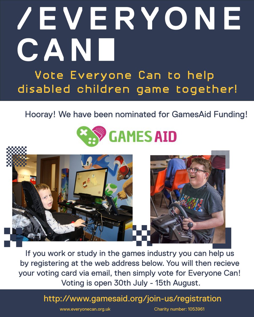 EveryoneCanUK's tweet photo. FINAL CALL FOR VOTES @GamesAid voting closes tonight at 12am, if you haven't already you have a few hours left to vote for us &amp; make a massive difference! It will take no more than 2 mins of your day &amp; has the potential to help us help even more disabled children game together! https://t.co/5kKMfObFJM
