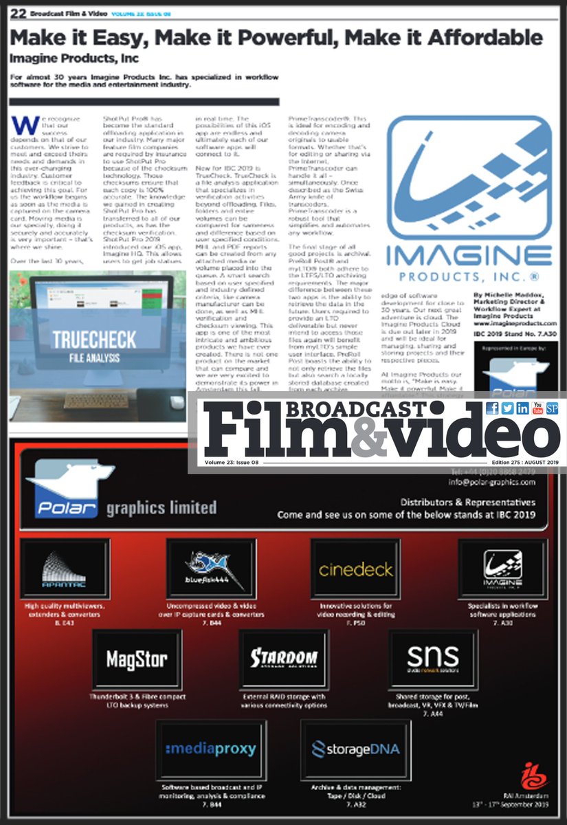 PolarGraphics's tweet photo. "Make it Easy, Make it Powerful, Make if Affordable"

Latest Ad by us and great editorial by our friends @imagineproducts (specialists in workflow software) in this months @4BroadcastNews 

Page 22: https://t.co/YzuwzavK49

#TrueCheck #ShotPutPro #myLTO #PrimeTranscoder https://t.co/gk0ZQNNFfT