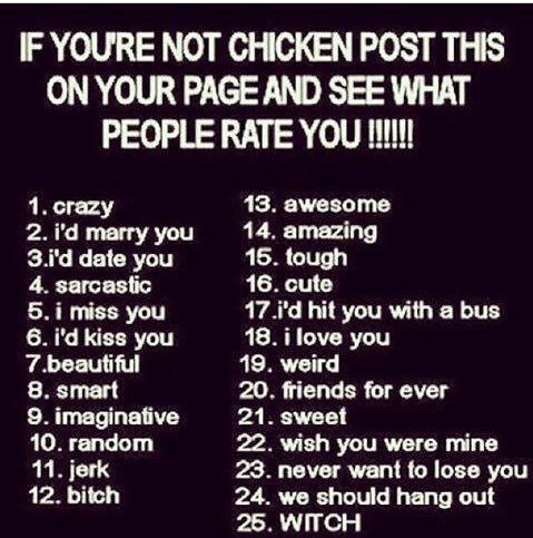 Let's give this a try I guess.... CUZ I AIN'T NO CHICKEN!!

((I'm totally expecting you people to creep me the fuck out with this >.>))